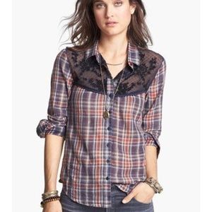 Free People Saddle Up Lace Yoke Plaid Shirt Large
